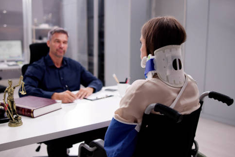 Personal Injury Attorney consults with injured client wearing neck brace